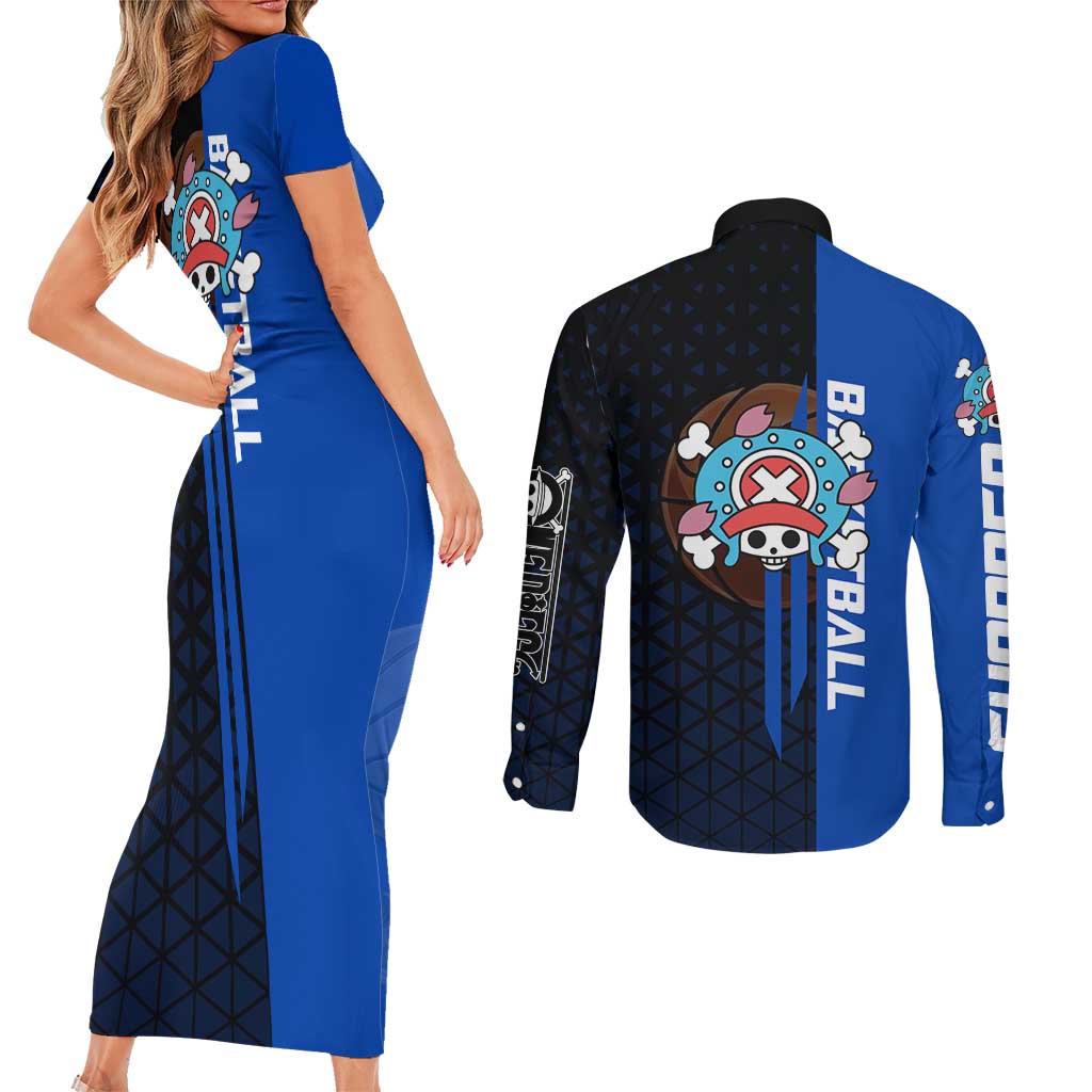 Tony Tony Chopper One Piece Basketball Theme Blue and Black Design Couples Matching Short Sleeve Bodycon Dress and Long Sleeve Button Shirt with Straw Hat Crew Emblem and Playful Pose - The Mazicc