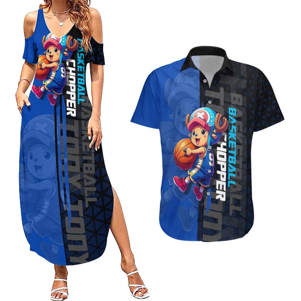 Tony Tony Chopper One Piece Basketball Theme Blue and Black Design Couples Matching Summer Maxi Dress and Hawaiian Shirt with Straw Hat Crew Emblem and Playful Pose - The Mazicc