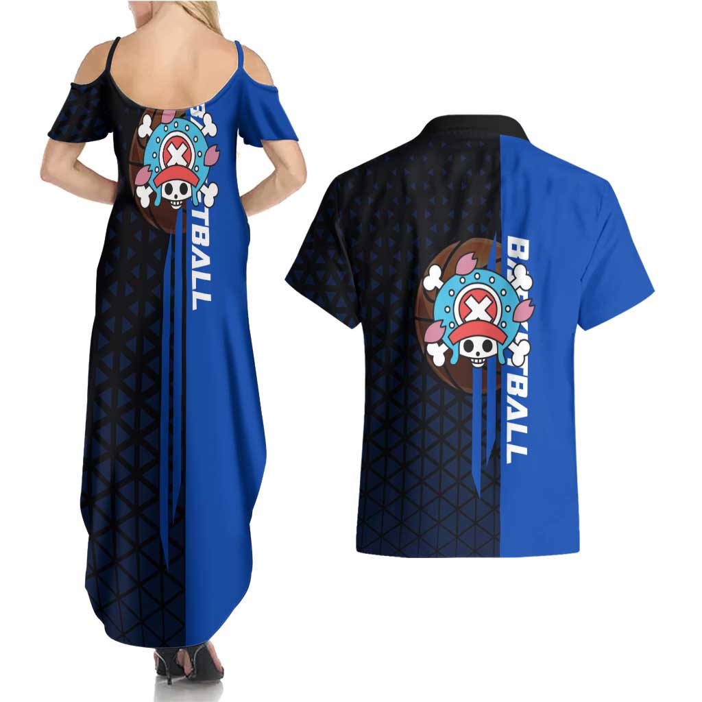 Tony Tony Chopper One Piece Basketball Theme Blue and Black Design Couples Matching Summer Maxi Dress and Hawaiian Shirt with Straw Hat Crew Emblem and Playful Pose - The Mazicc