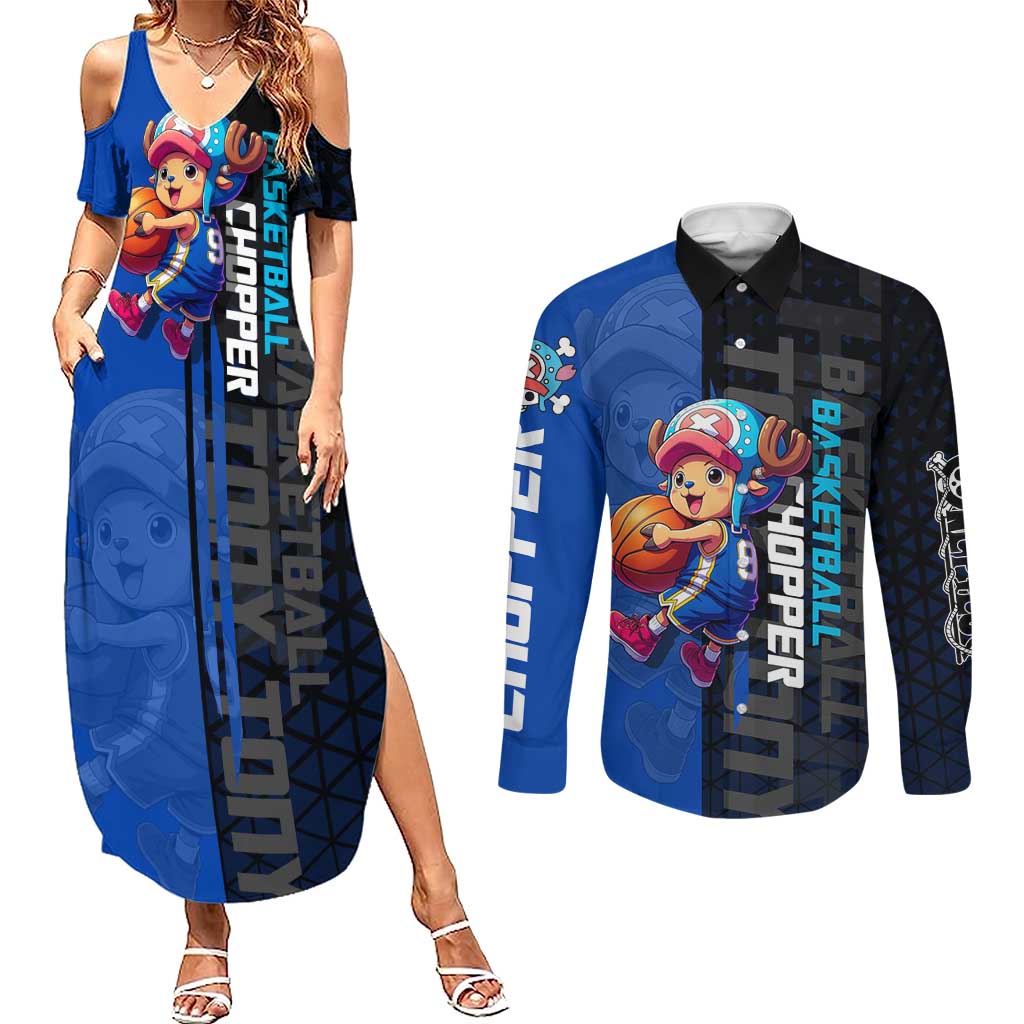 Tony Tony Chopper One Piece Basketball Theme Blue and Black Design Couples Matching Summer Maxi Dress and Long Sleeve Button Shirt with Straw Hat Crew Emblem and Playful Pose - The Mazicc
