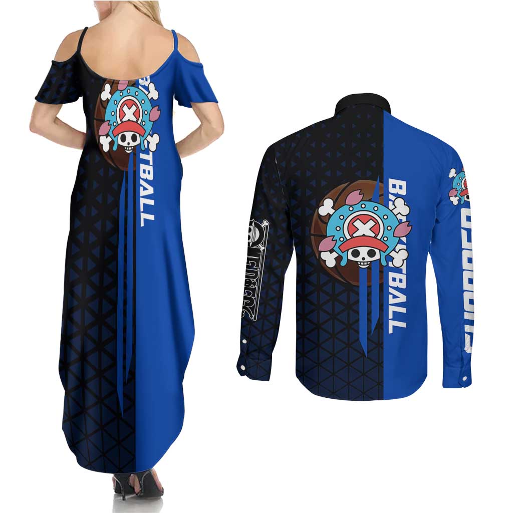 Tony Tony Chopper One Piece Basketball Theme Blue and Black Design Couples Matching Summer Maxi Dress and Long Sleeve Button Shirt with Straw Hat Crew Emblem and Playful Pose - The Mazicc