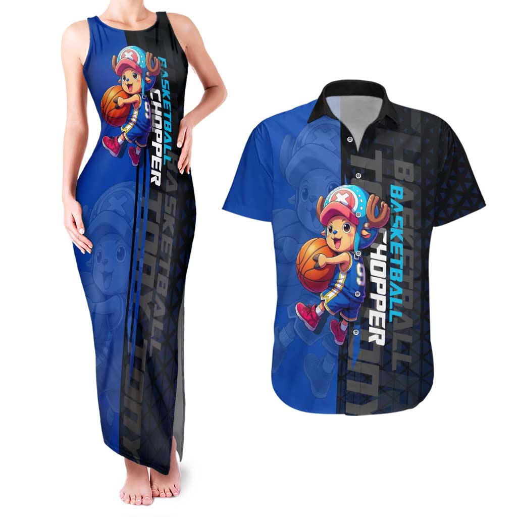 Tony Tony Chopper One Piece Basketball Theme Blue and Black Design Couples Matching Tank Maxi Dress and Hawaiian Shirt with Straw Hat Crew Emblem and Playful Pose - The Mazicc