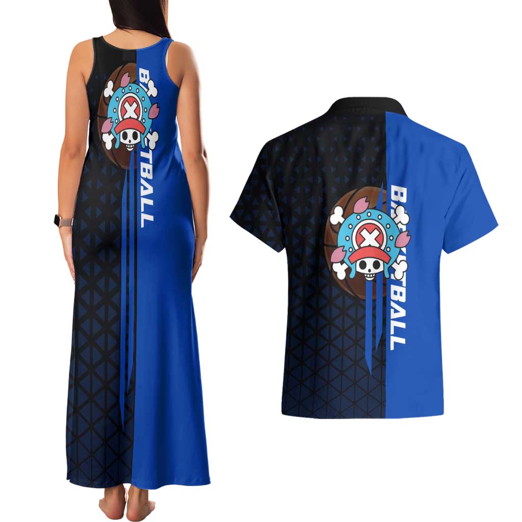 Tony Tony Chopper One Piece Basketball Theme Blue and Black Design Couples Matching Tank Maxi Dress and Hawaiian Shirt with Straw Hat Crew Emblem and Playful Pose - The Mazicc
