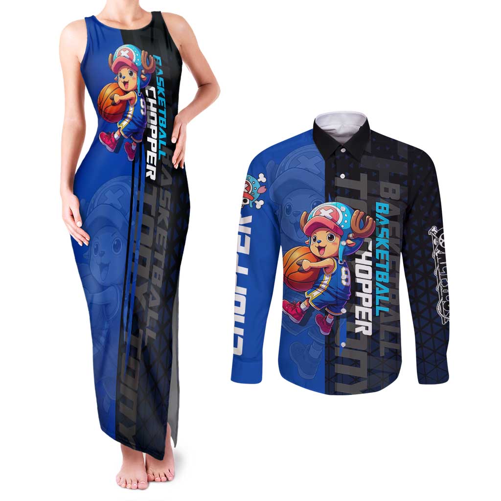 Tony Tony Chopper One Piece Basketball Theme Blue and Black Design Couples Matching Tank Maxi Dress and Long Sleeve Button Shirt with Straw Hat Crew Emblem and Playful Pose - The Mazicc