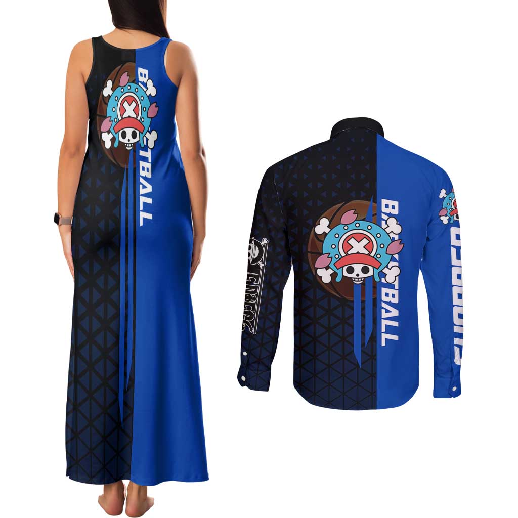 Tony Tony Chopper One Piece Basketball Theme Blue and Black Design Couples Matching Tank Maxi Dress and Long Sleeve Button Shirt with Straw Hat Crew Emblem and Playful Pose - The Mazicc