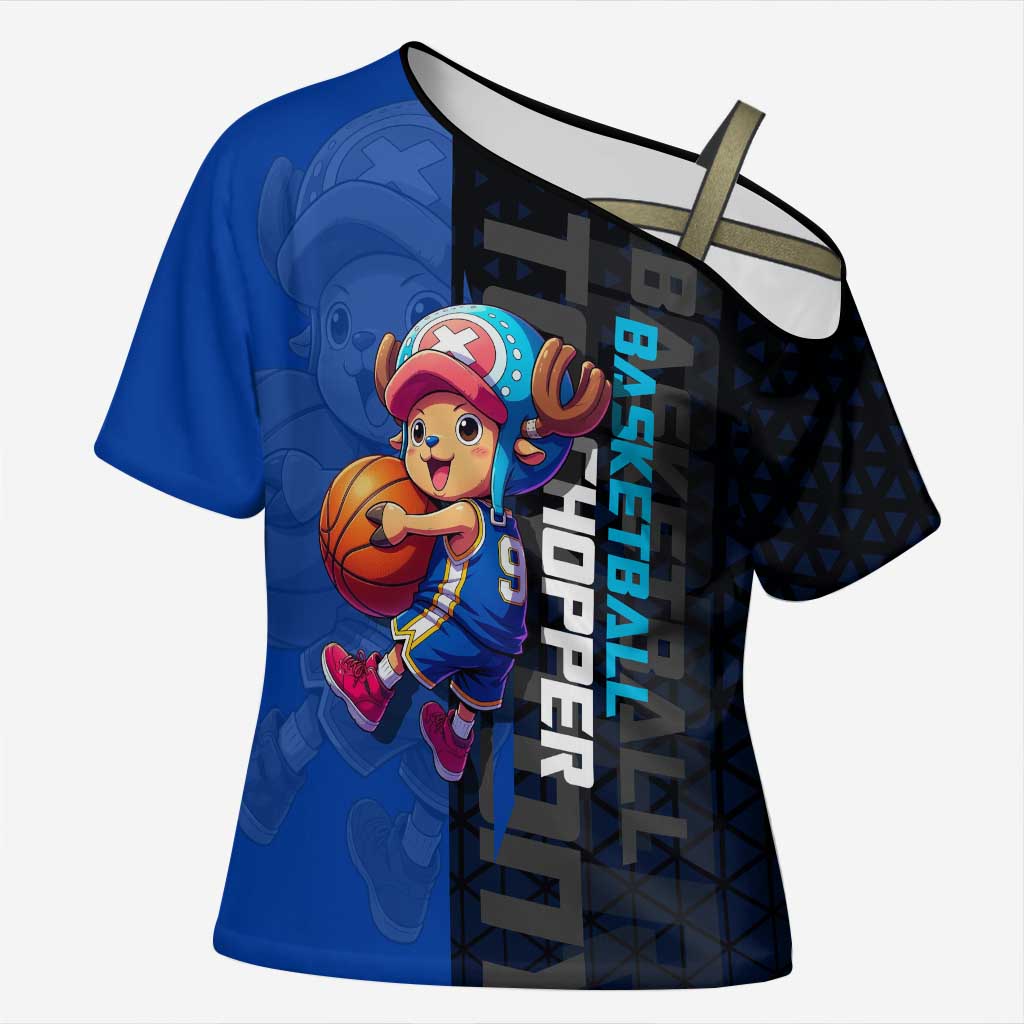 Tony Tony Chopper One Piece Basketball Theme Blue and Black Design Cross Shoulder Shirt with Straw Hat Crew Emblem and Playful Pose - The Mazicc