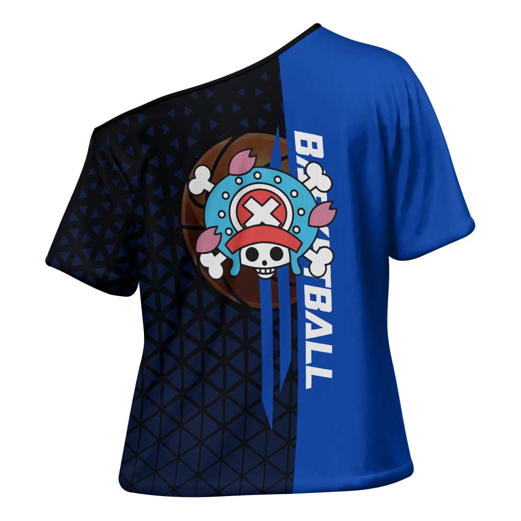Tony Tony Chopper One Piece Basketball Theme Blue and Black Design Cross Shoulder Shirt with Straw Hat Crew Emblem and Playful Pose - The Mazicc