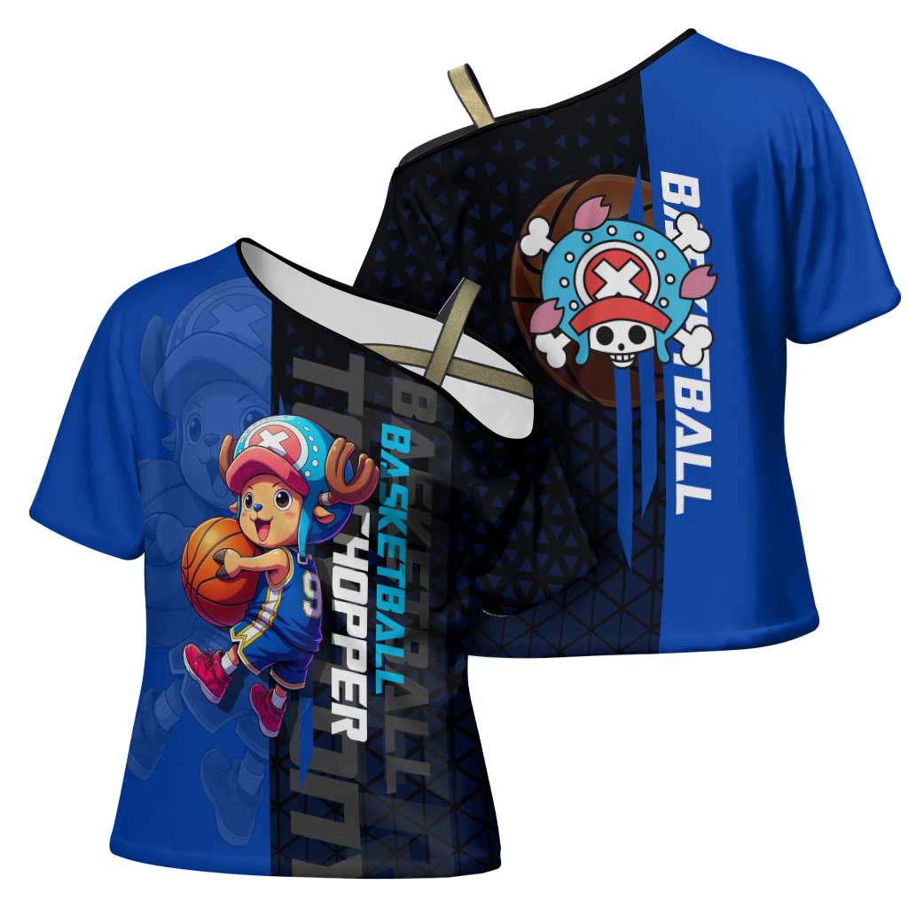 Tony Tony Chopper One Piece Basketball Theme Blue and Black Design Cross Shoulder Shirt with Straw Hat Crew Emblem and Playful Pose - The Mazicc