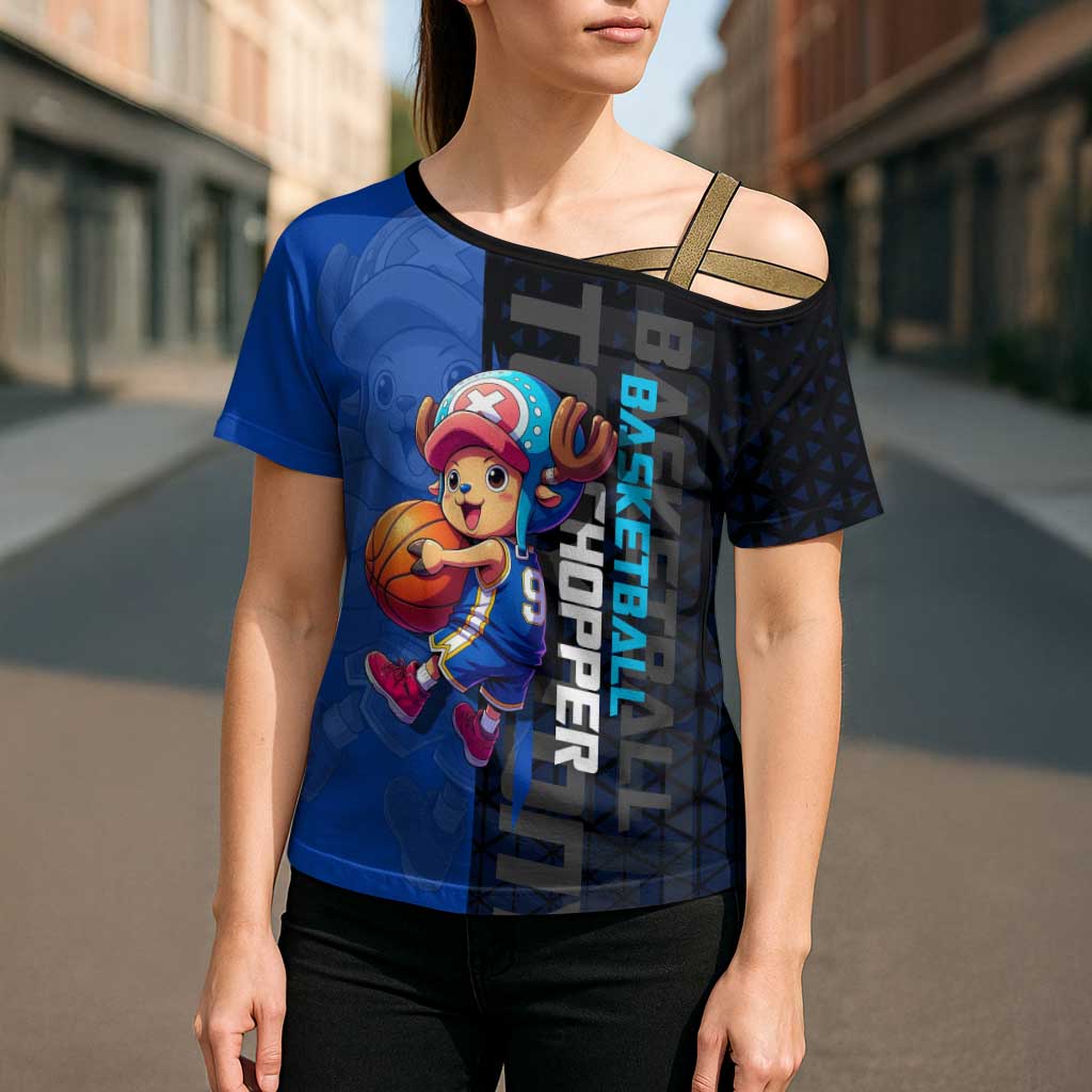 Tony Tony Chopper One Piece Basketball Theme Blue and Black Design Cross Shoulder Shirt with Straw Hat Crew Emblem and Playful Pose - The Mazicc