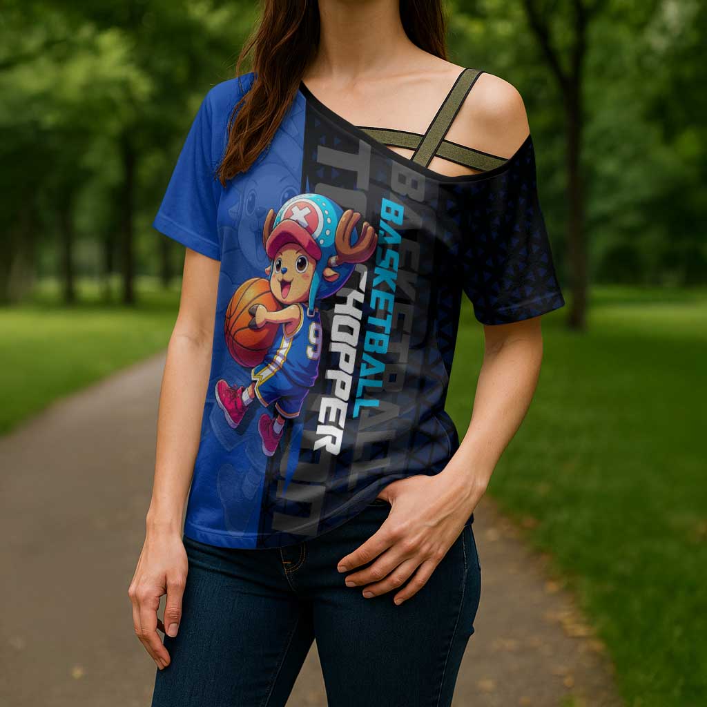 Tony Tony Chopper One Piece Basketball Theme Blue and Black Design Cross Shoulder Shirt with Straw Hat Crew Emblem and Playful Pose - The Mazicc