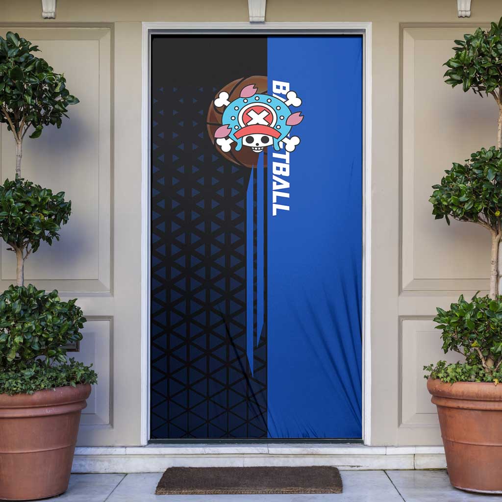 Tony Tony Chopper One Piece Basketball Theme Blue and Black Design Door Cover with Straw Hat Crew Emblem and Playful Pose - The Mazicc