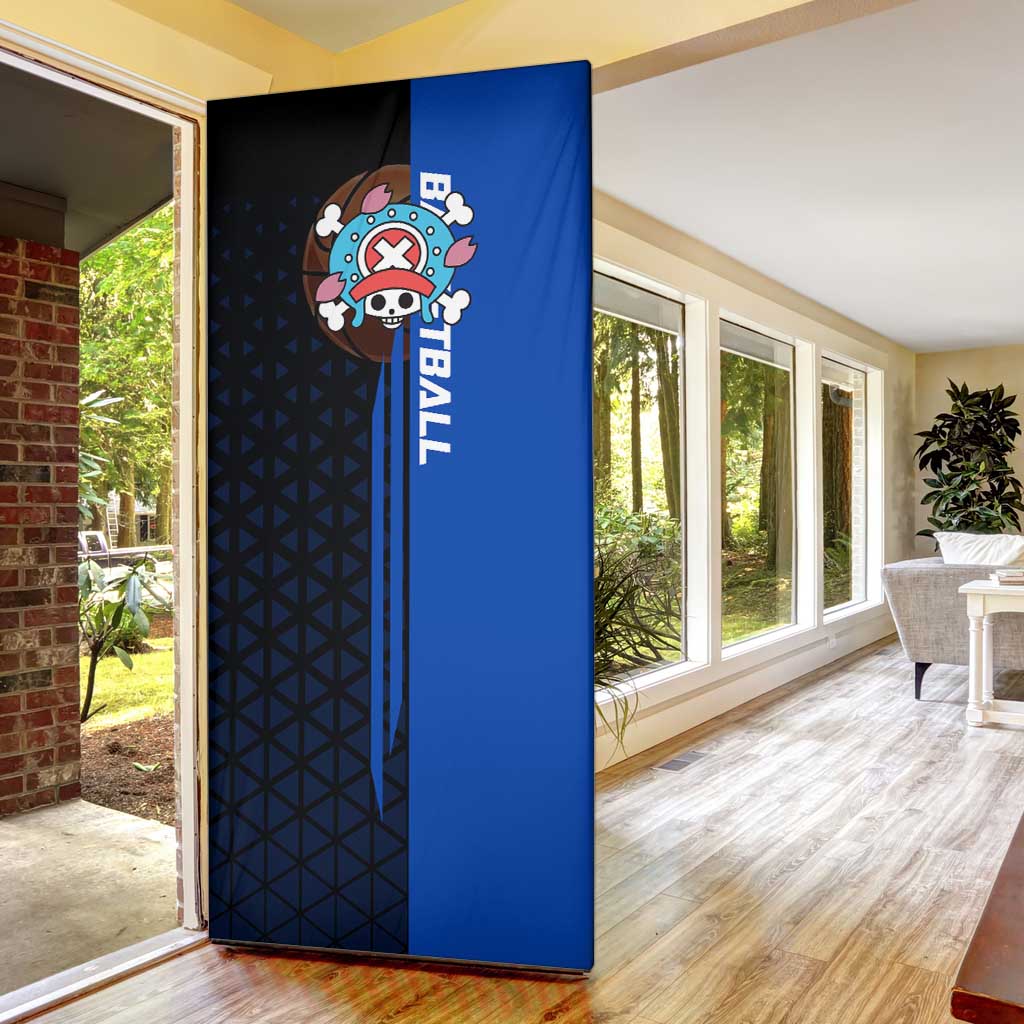 Tony Tony Chopper One Piece Basketball Theme Blue and Black Design Door Cover with Straw Hat Crew Emblem and Playful Pose - The Mazicc