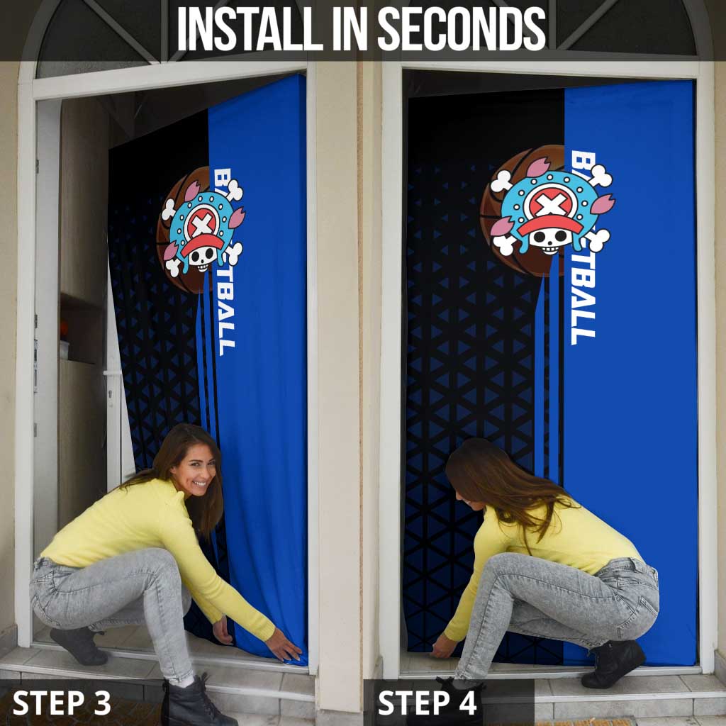 Tony Tony Chopper One Piece Basketball Theme Blue and Black Design Door Cover with Straw Hat Crew Emblem and Playful Pose - The Mazicc
