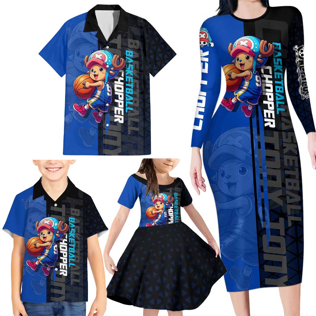 Tony Tony Chopper One Piece Basketball Theme Blue and Black Design Family Matching Long Sleeve Bodycon Dress and Hawaiian Shirt with Straw Hat Crew Emblem and Playful Pose