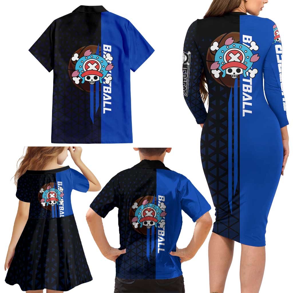 Tony Tony Chopper One Piece Basketball Theme Blue and Black Design Family Matching Long Sleeve Bodycon Dress and Hawaiian Shirt with Straw Hat Crew Emblem and Playful Pose