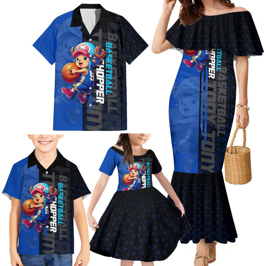 Tony Tony Chopper One Piece Basketball Theme Blue and Black Design Family Matching Mermaid Dress and Hawaiian Shirt with Straw Hat Crew Emblem and Playful Pose