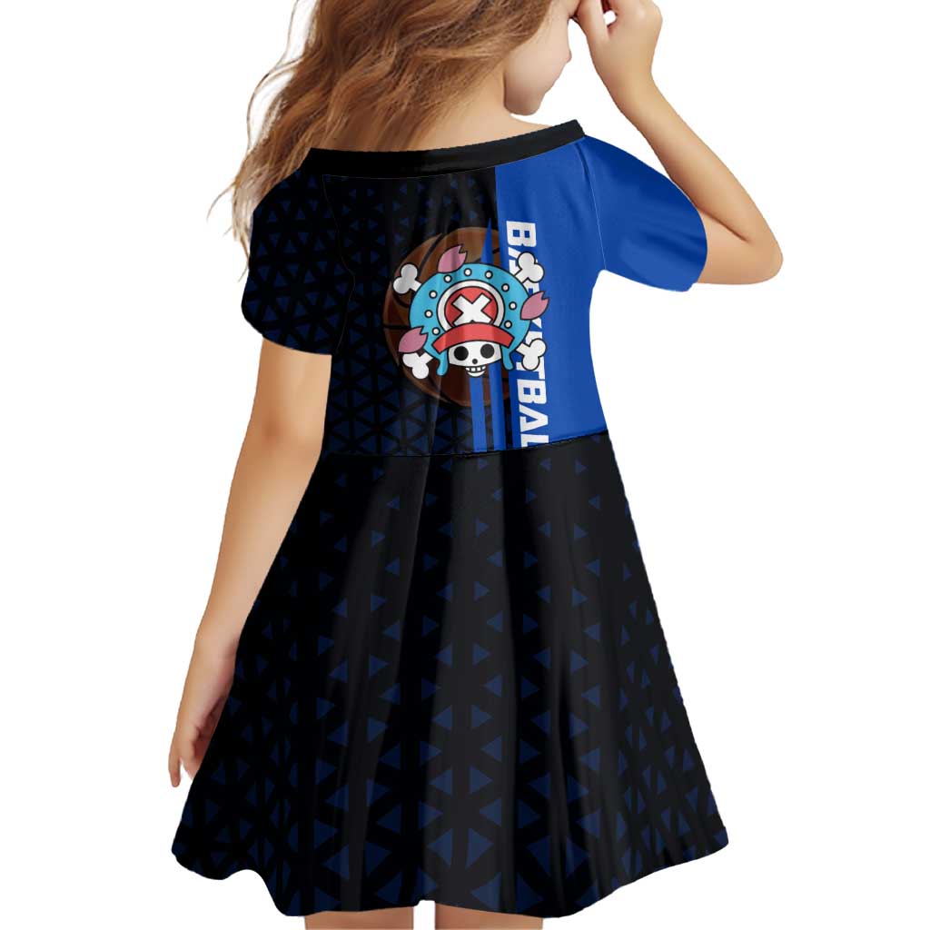 Tony Tony Chopper One Piece Basketball Theme Blue and Black Design Family Matching Mermaid Dress and Hawaiian Shirt with Straw Hat Crew Emblem and Playful Pose