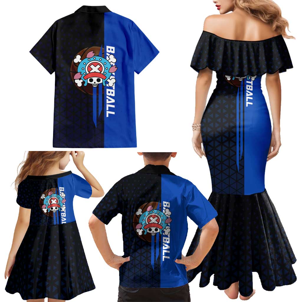 Tony Tony Chopper One Piece Basketball Theme Blue and Black Design Family Matching Mermaid Dress and Hawaiian Shirt with Straw Hat Crew Emblem and Playful Pose