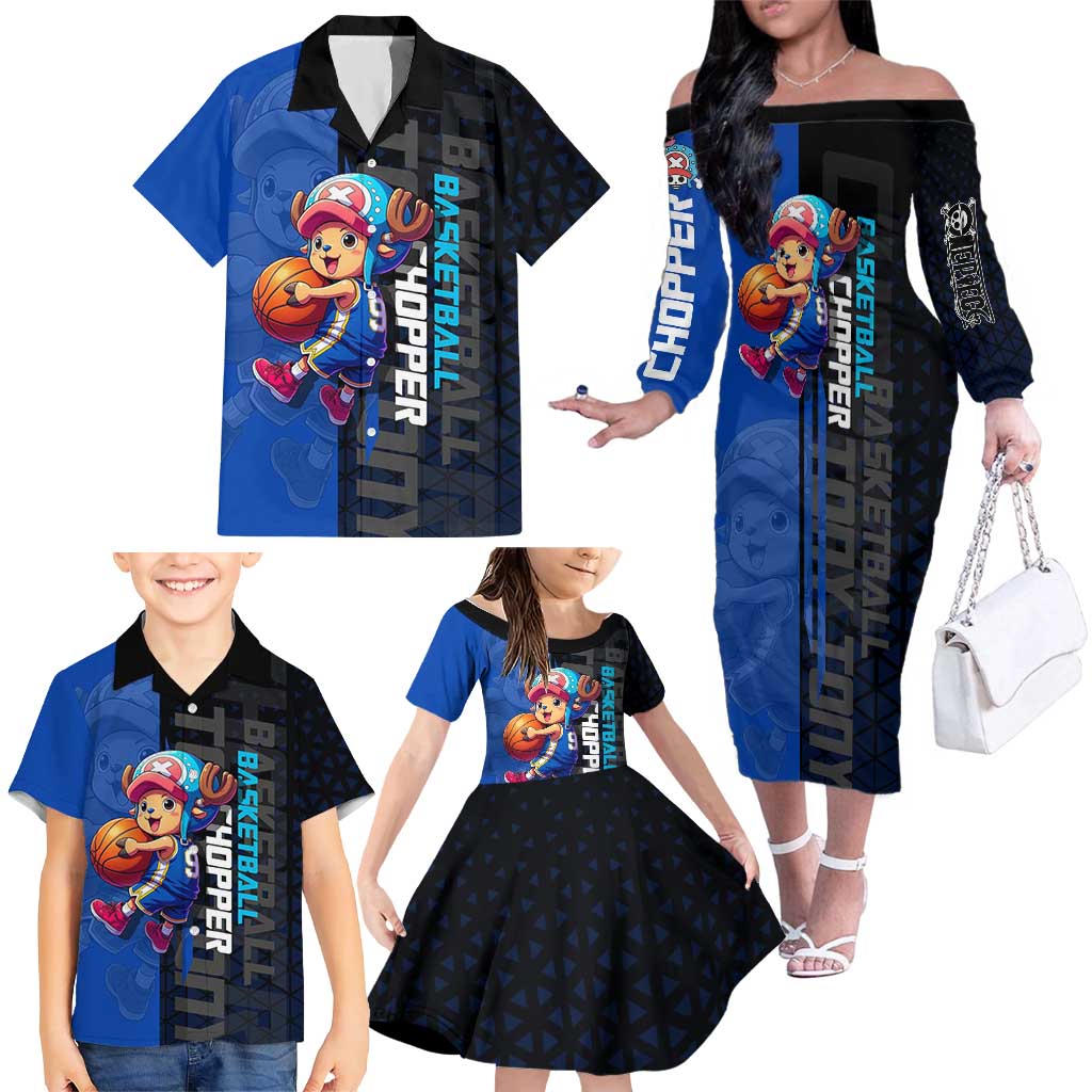 Tony Tony Chopper One Piece Basketball Theme Blue and Black Design Family Matching Off The Shoulder Long Sleeve Dress and Hawaiian Shirt with Straw Hat Crew Emblem and Playful Pose
