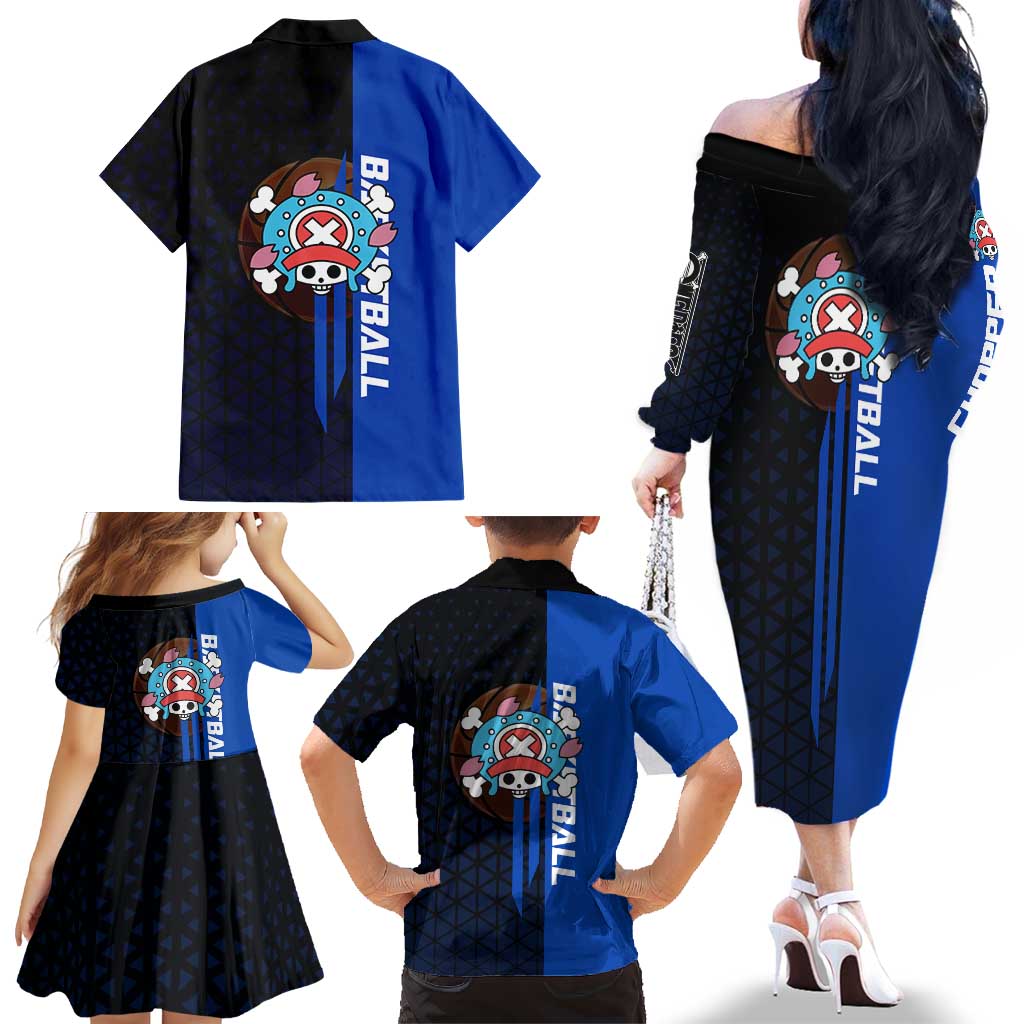 Tony Tony Chopper One Piece Basketball Theme Blue and Black Design Family Matching Off The Shoulder Long Sleeve Dress and Hawaiian Shirt with Straw Hat Crew Emblem and Playful Pose