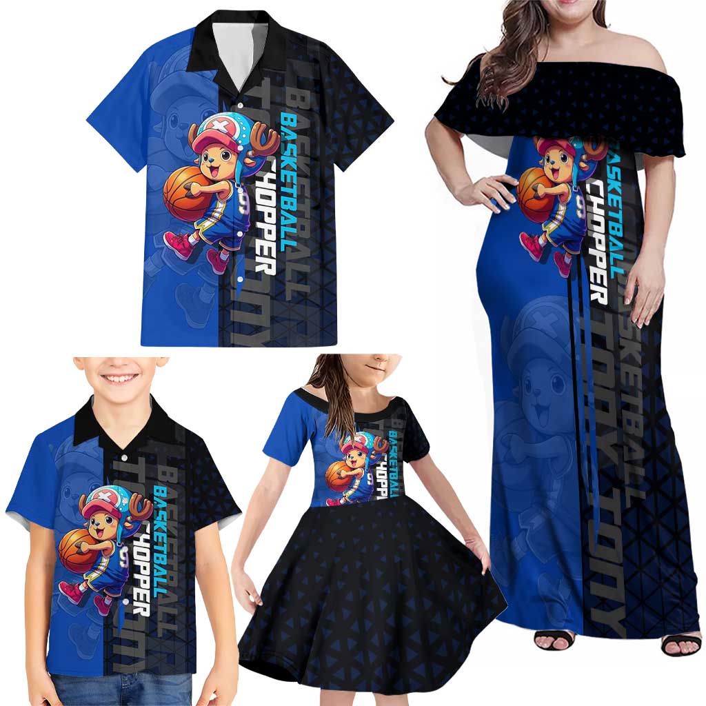 Tony Tony Chopper One Piece Basketball Theme Blue and Black Design Family Matching Off Shoulder Maxi Dress and Hawaiian Shirt with Straw Hat Crew Emblem and Playful Pose