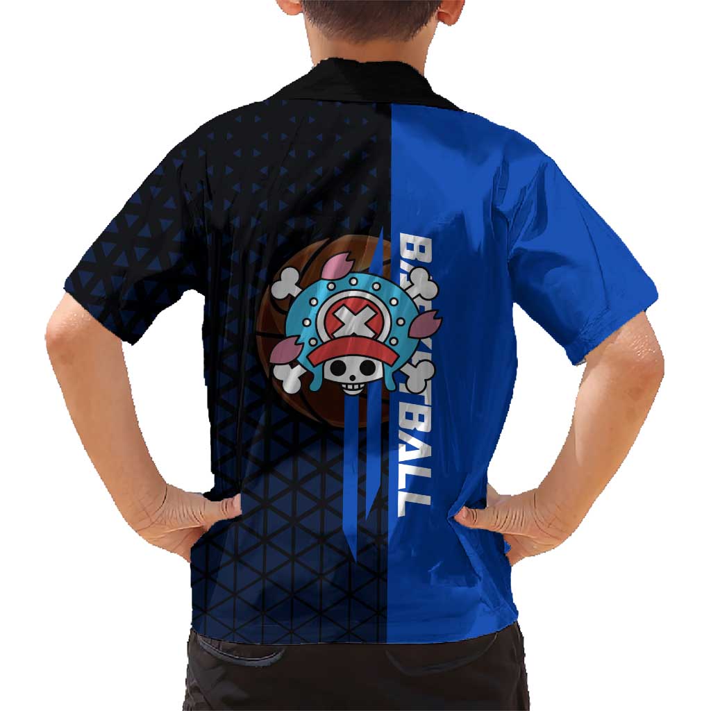 Tony Tony Chopper One Piece Basketball Theme Blue and Black Design Family Matching Off Shoulder Maxi Dress and Hawaiian Shirt with Straw Hat Crew Emblem and Playful Pose