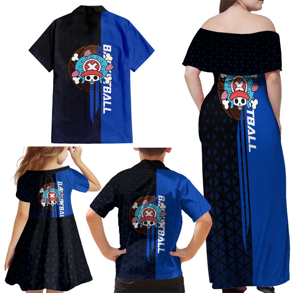 Tony Tony Chopper One Piece Basketball Theme Blue and Black Design Family Matching Off Shoulder Maxi Dress and Hawaiian Shirt with Straw Hat Crew Emblem and Playful Pose
