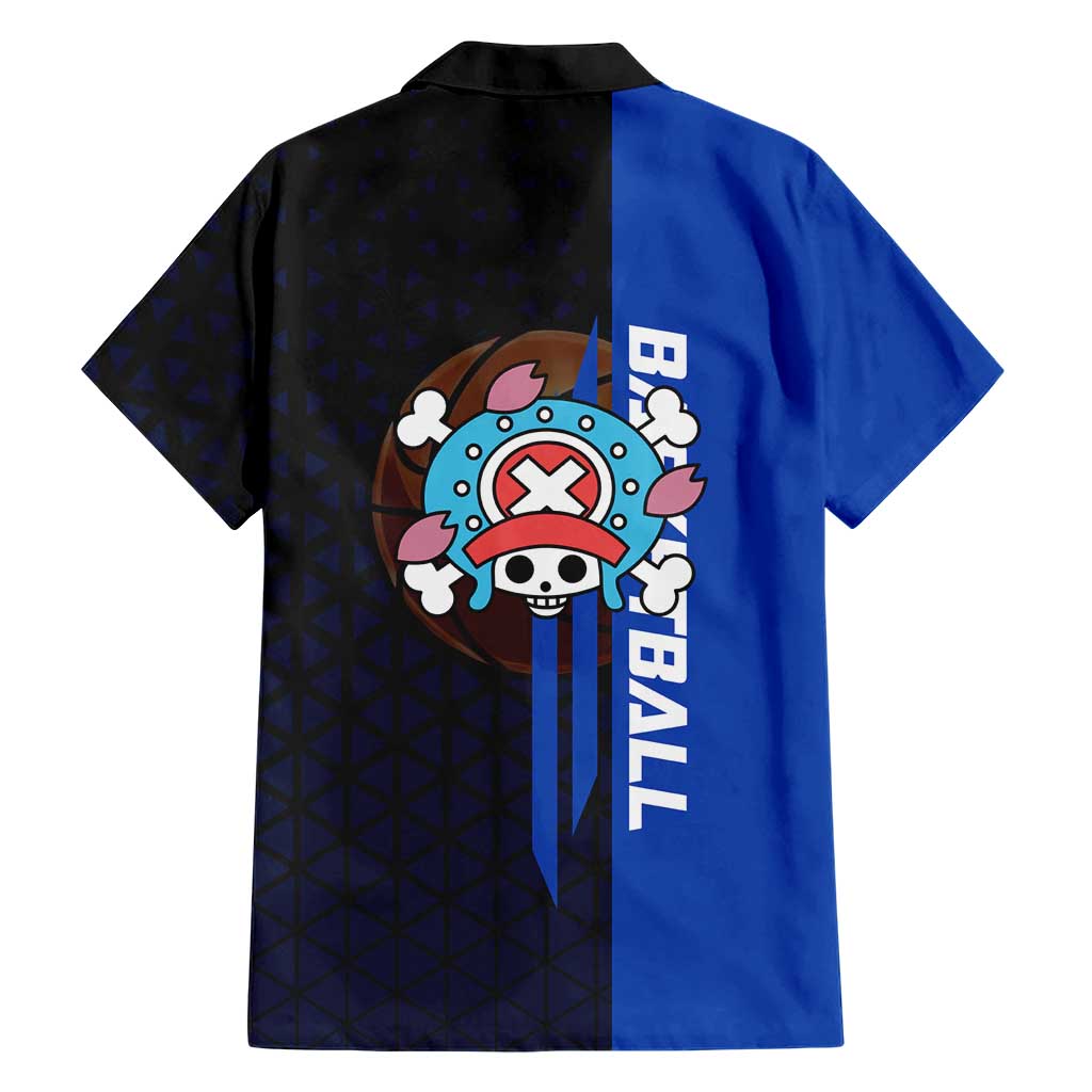 Tony Tony Chopper One Piece Basketball Theme Blue and Black Design Family Matching Off Shoulder Maxi Dress and Hawaiian Shirt with Straw Hat Crew Emblem and Playful Pose