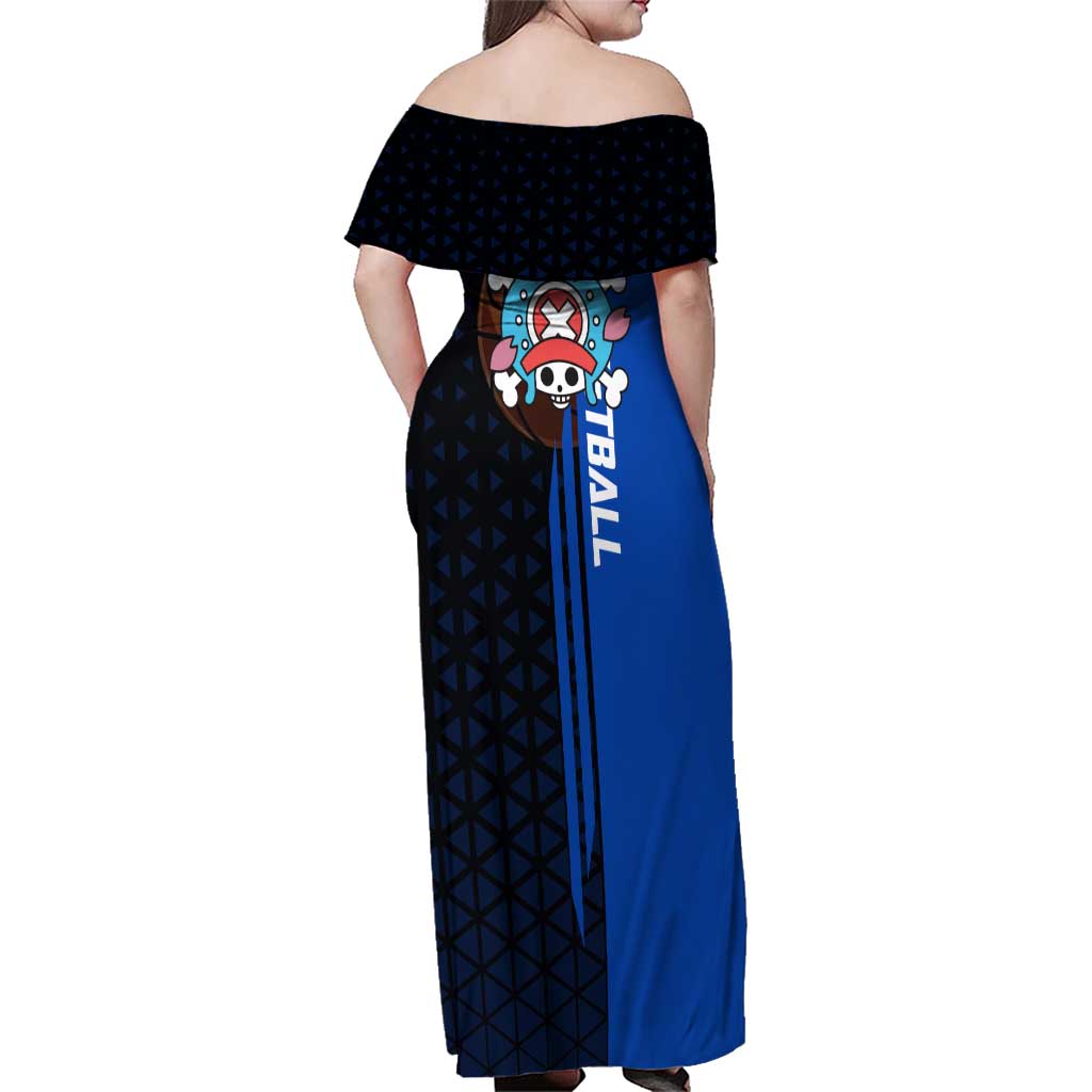 Tony Tony Chopper One Piece Basketball Theme Blue and Black Design Family Matching Off Shoulder Maxi Dress and Hawaiian Shirt with Straw Hat Crew Emblem and Playful Pose
