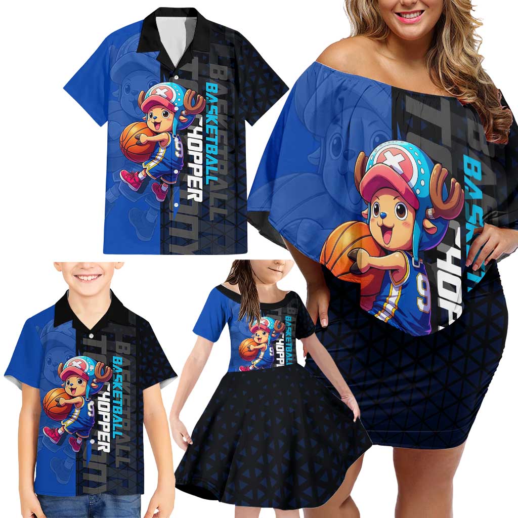 Tony Tony Chopper One Piece Basketball Theme Blue and Black Design Family Matching Off Shoulder Short Dress and Hawaiian Shirt with Straw Hat Crew Emblem and Playful Pose