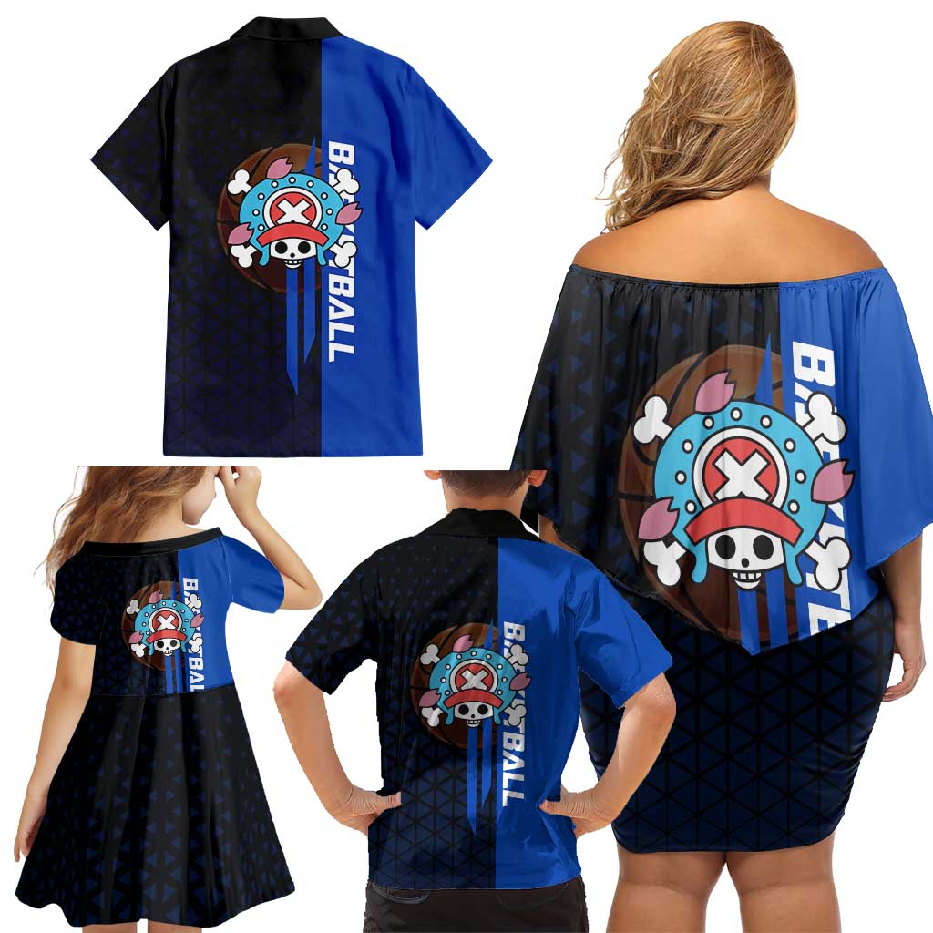 Tony Tony Chopper One Piece Basketball Theme Blue and Black Design Family Matching Off Shoulder Short Dress and Hawaiian Shirt with Straw Hat Crew Emblem and Playful Pose