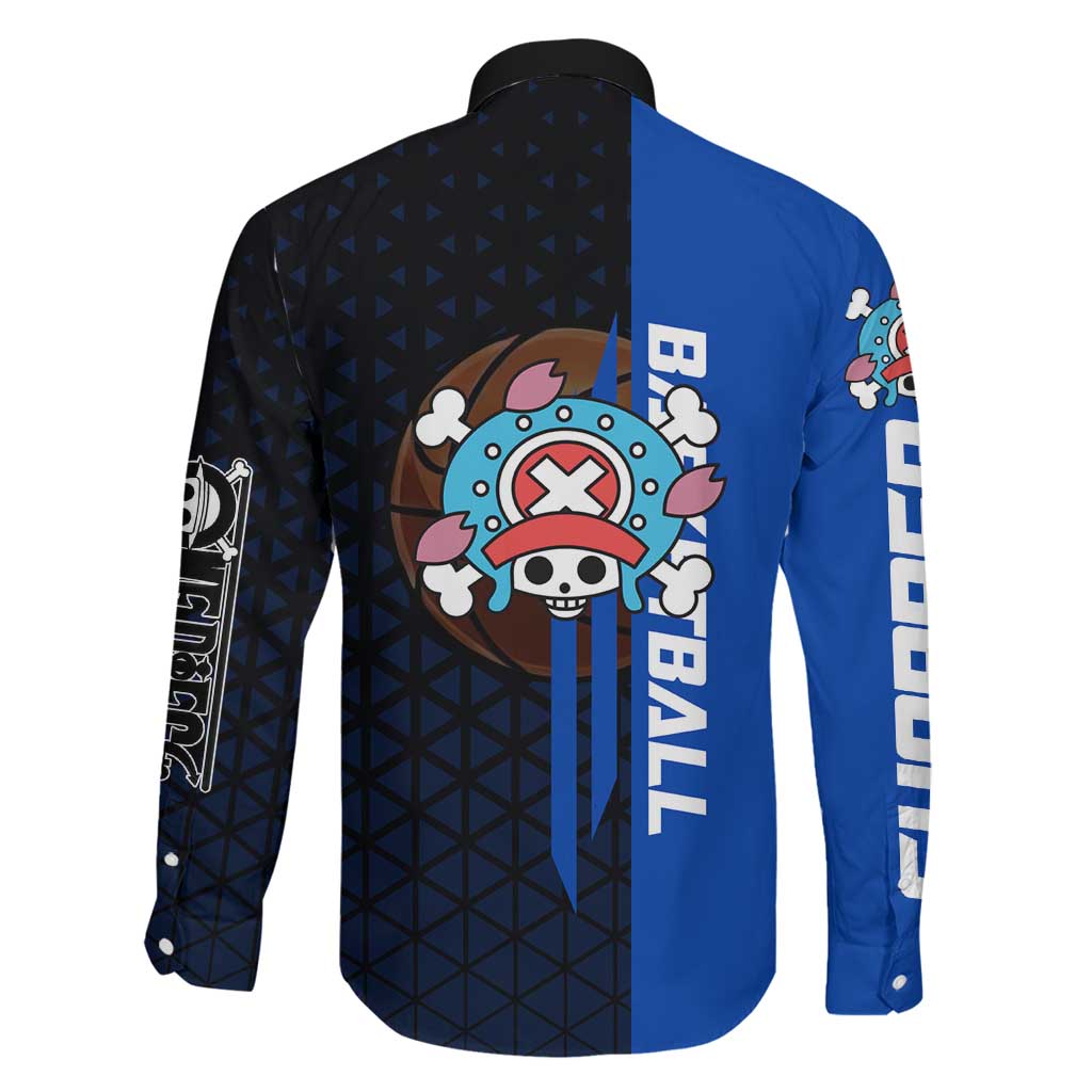 Tony Tony Chopper One Piece Basketball Theme Blue and Black Design Family Matching Off Shoulder Short Dress and Hawaiian Shirt with Straw Hat Crew Emblem and Playful Pose