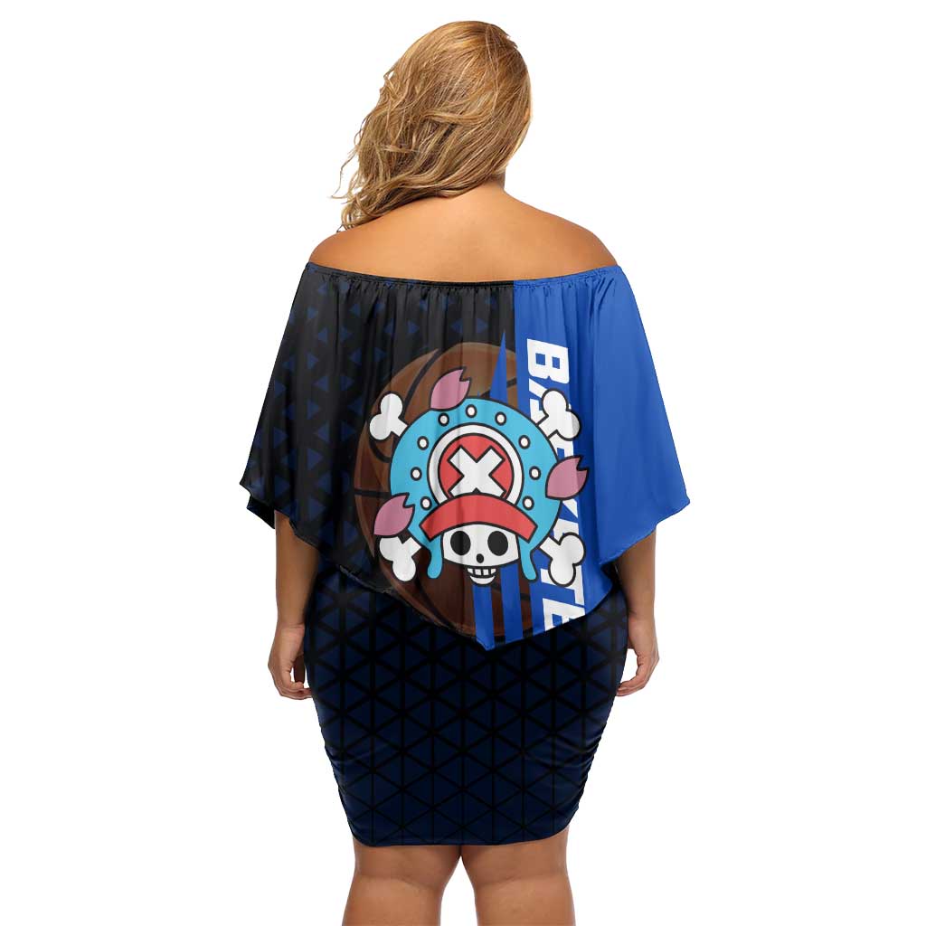 Tony Tony Chopper One Piece Basketball Theme Blue and Black Design Family Matching Off Shoulder Short Dress and Hawaiian Shirt with Straw Hat Crew Emblem and Playful Pose