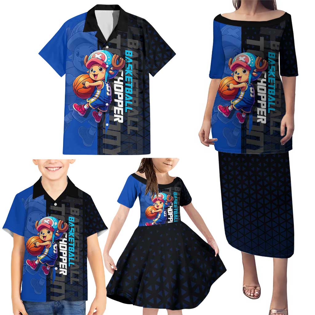 Tony Tony Chopper One Piece Basketball Theme Blue and Black Design Family Matching Puletasi and Hawaiian Shirt with Straw Hat Crew Emblem and Playful Pose