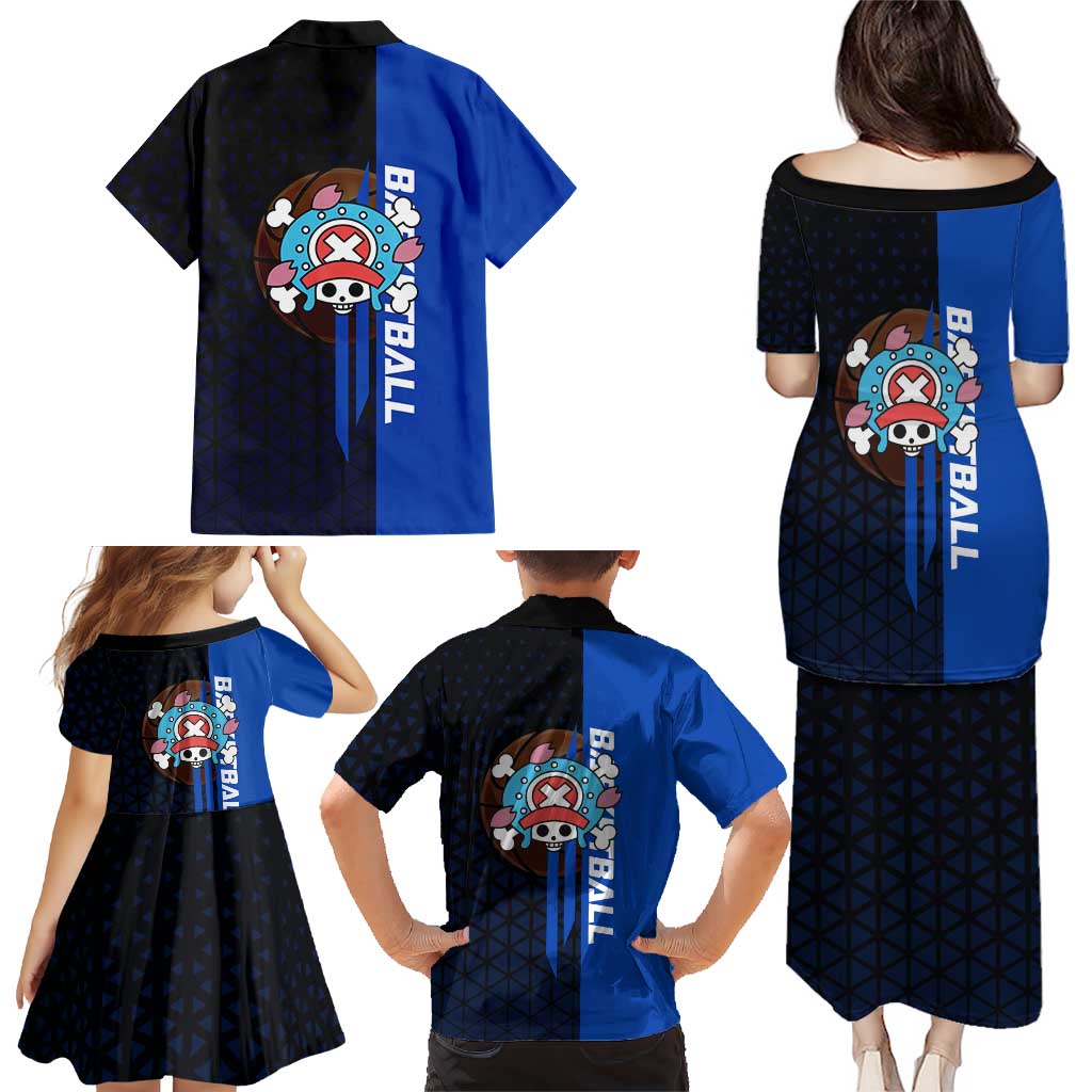 Tony Tony Chopper One Piece Basketball Theme Blue and Black Design Family Matching Puletasi and Hawaiian Shirt with Straw Hat Crew Emblem and Playful Pose