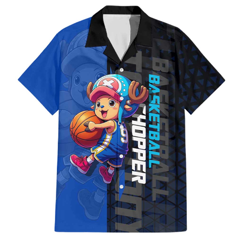 Tony Tony Chopper One Piece Basketball Theme Blue and Black Design Family Matching Puletasi and Hawaiian Shirt with Straw Hat Crew Emblem and Playful Pose