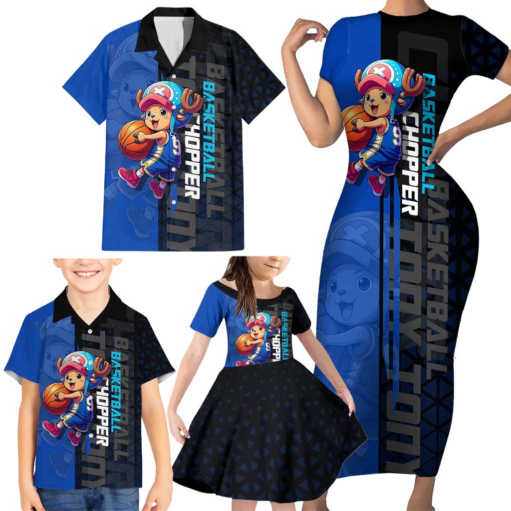 Tony Tony Chopper One Piece Basketball Theme Blue and Black Design Family Matching Short Sleeve Bodycon Dress and Hawaiian Shirt with Straw Hat Crew Emblem and Playful Pose