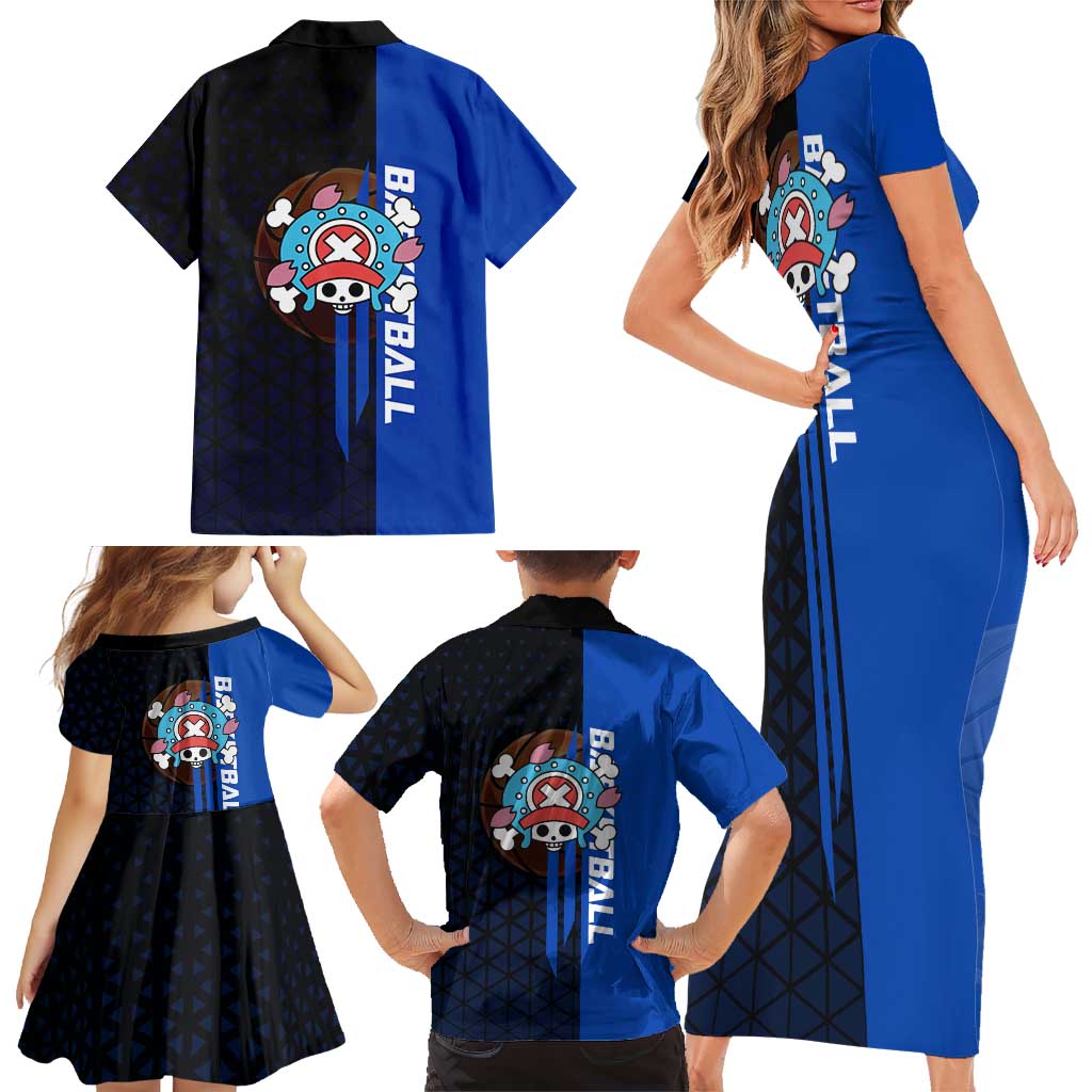 Tony Tony Chopper One Piece Basketball Theme Blue and Black Design Family Matching Short Sleeve Bodycon Dress and Hawaiian Shirt with Straw Hat Crew Emblem and Playful Pose