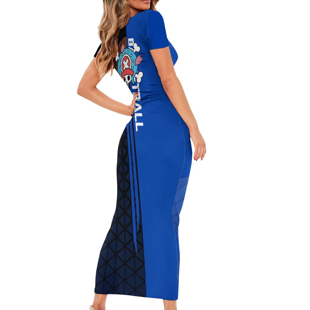 Tony Tony Chopper One Piece Basketball Theme Blue and Black Design Family Matching Short Sleeve Bodycon Dress and Hawaiian Shirt with Straw Hat Crew Emblem and Playful Pose