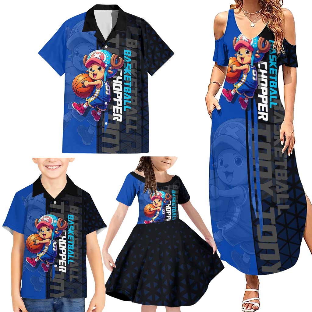 Tony Tony Chopper One Piece Basketball Theme Blue and Black Design Family Matching Summer Maxi Dress and Hawaiian Shirt with Straw Hat Crew Emblem and Playful Pose