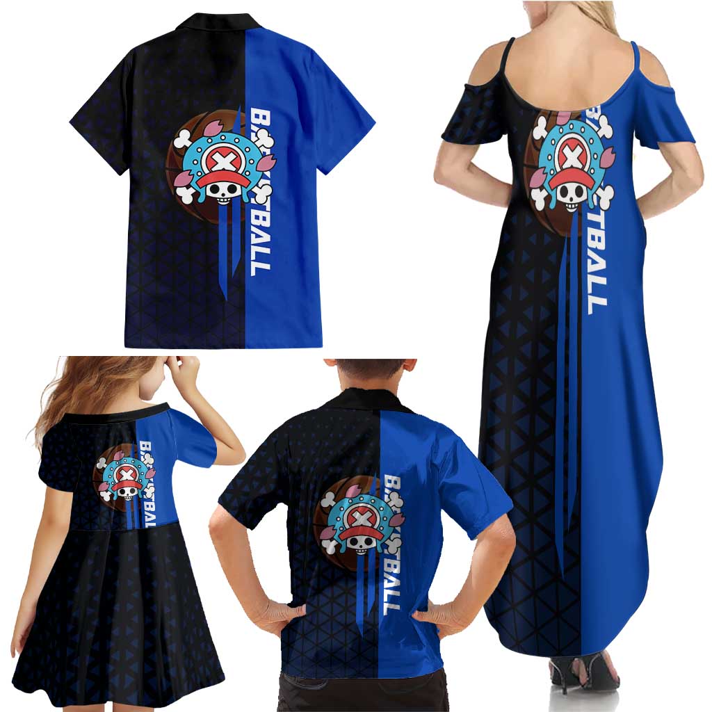 Tony Tony Chopper One Piece Basketball Theme Blue and Black Design Family Matching Summer Maxi Dress and Hawaiian Shirt with Straw Hat Crew Emblem and Playful Pose