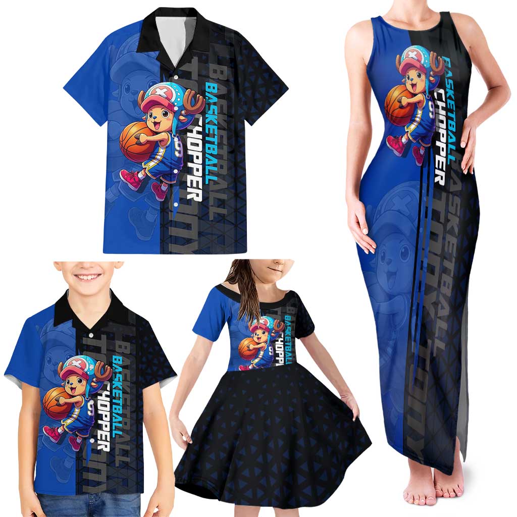 Tony Tony Chopper One Piece Basketball Theme Blue and Black Design Family Matching Tank Maxi Dress and Hawaiian Shirt with Straw Hat Crew Emblem and Playful Pose