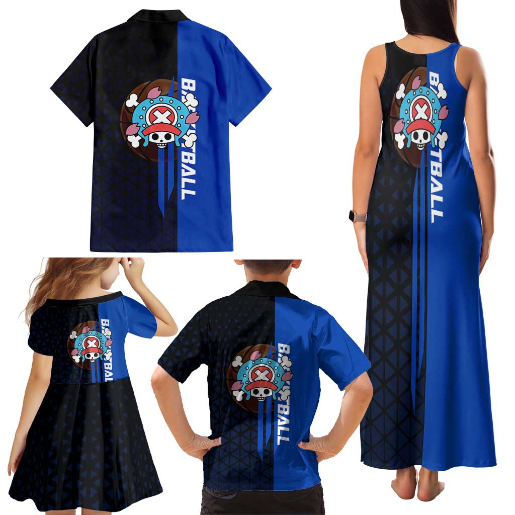 Tony Tony Chopper One Piece Basketball Theme Blue and Black Design Family Matching Tank Maxi Dress and Hawaiian Shirt with Straw Hat Crew Emblem and Playful Pose