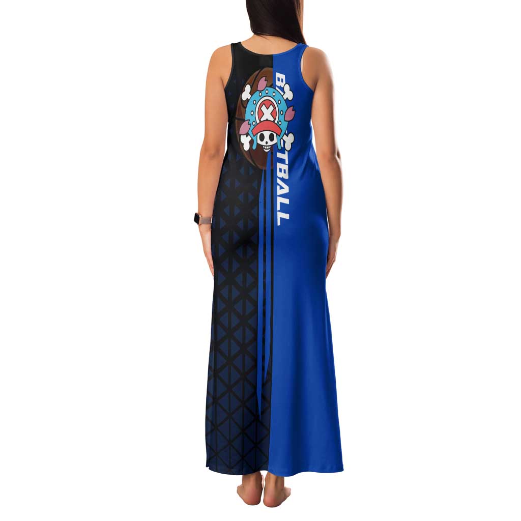 Tony Tony Chopper One Piece Basketball Theme Blue and Black Design Family Matching Tank Maxi Dress and Hawaiian Shirt with Straw Hat Crew Emblem and Playful Pose