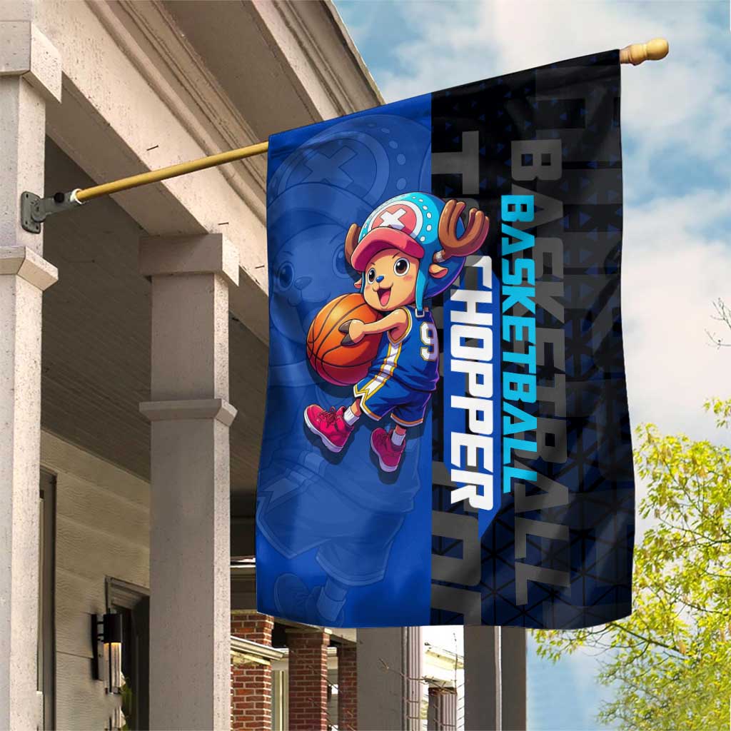 Tony Tony Chopper One Piece Basketball Theme Blue and Black Design Garden Flag with Straw Hat Crew Emblem and Playful Pose - The Mazicc