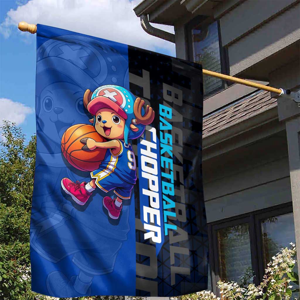 Tony Tony Chopper One Piece Basketball Theme Blue and Black Design Garden Flag with Straw Hat Crew Emblem and Playful Pose - The Mazicc