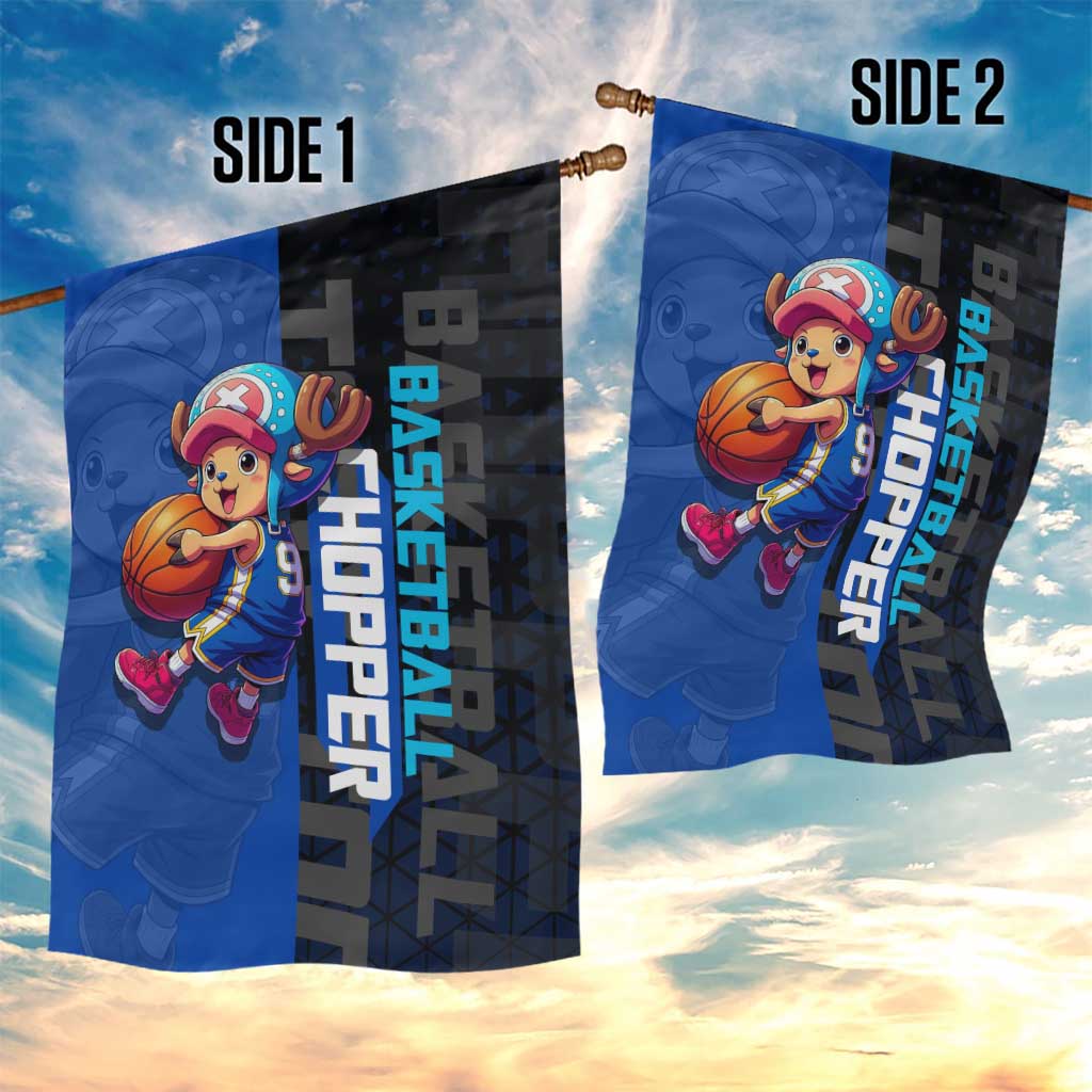 Tony Tony Chopper One Piece Basketball Theme Blue and Black Design Garden Flag with Straw Hat Crew Emblem and Playful Pose - The Mazicc