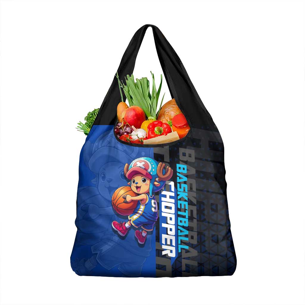 Tony Tony Chopper One Piece Basketball Theme Blue and Black Design Grocery Bag with Straw Hat Crew Emblem and Playful Pose - The Mazicc