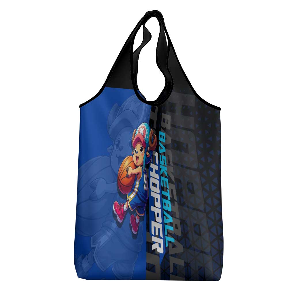 Tony Tony Chopper One Piece Basketball Theme Blue and Black Design Grocery Bag with Straw Hat Crew Emblem and Playful Pose - The Mazicc