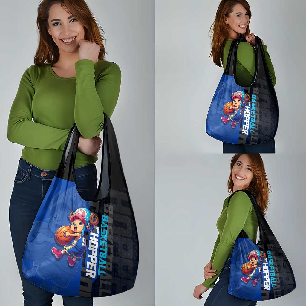 Tony Tony Chopper One Piece Basketball Theme Blue and Black Design Grocery Bag with Straw Hat Crew Emblem and Playful Pose - The Mazicc